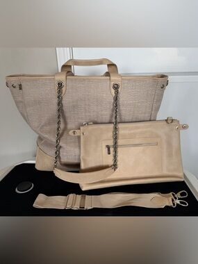 BEIS Neutral Beige Tote with Chain-Detail Handles and Detachable Pouch